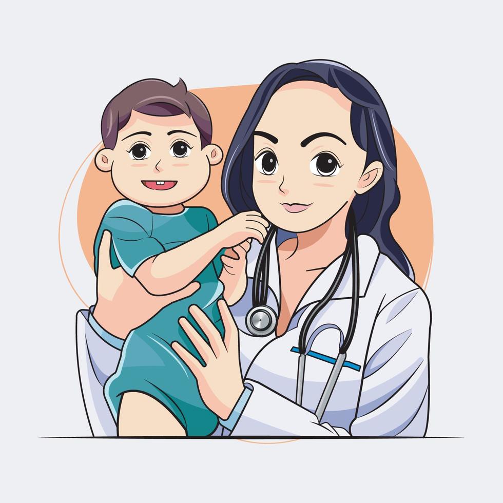 vrouw dokter. een dokter Holding een baby Aan de handen vector illustratie pro downloaden