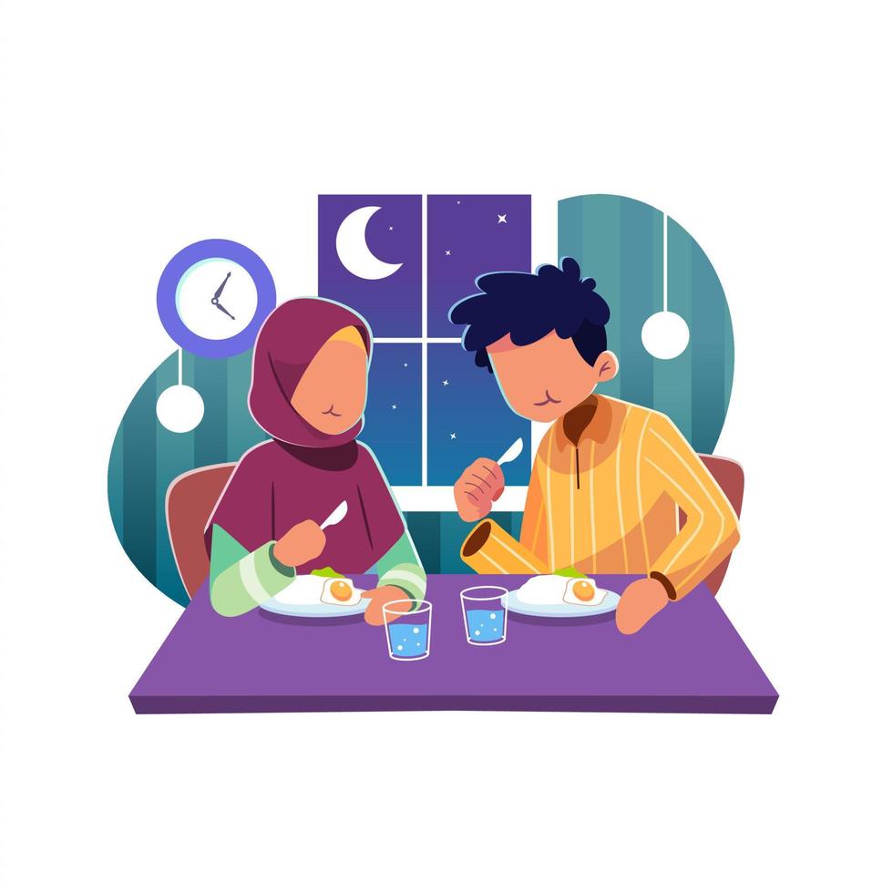 een vrouw en een Mens zijn aan het eten Ramadan suhoor Bij een tafel. vector