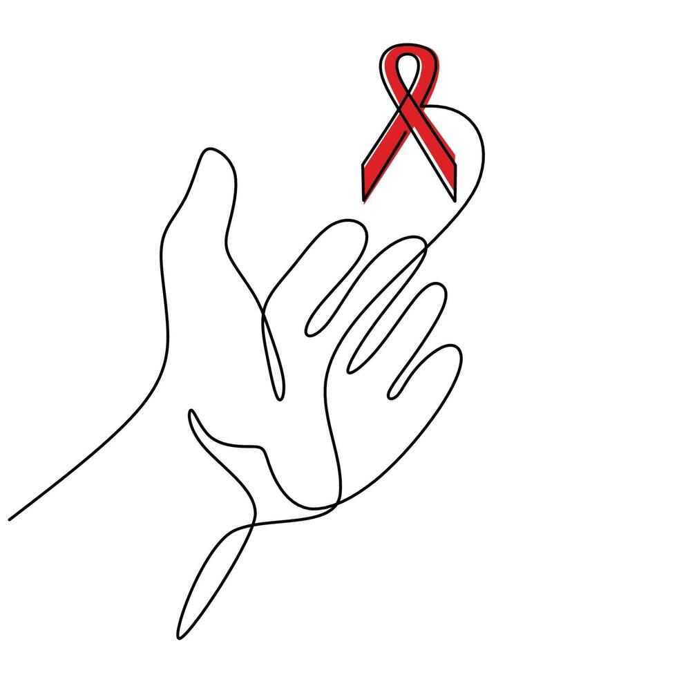 rood lint helpt in handen continu één lijntekening. steun hoop op genezing vectorillustratie met rode lussen en belettering. hiv aids herstel concept. minimalistische stijl. vector illustratie