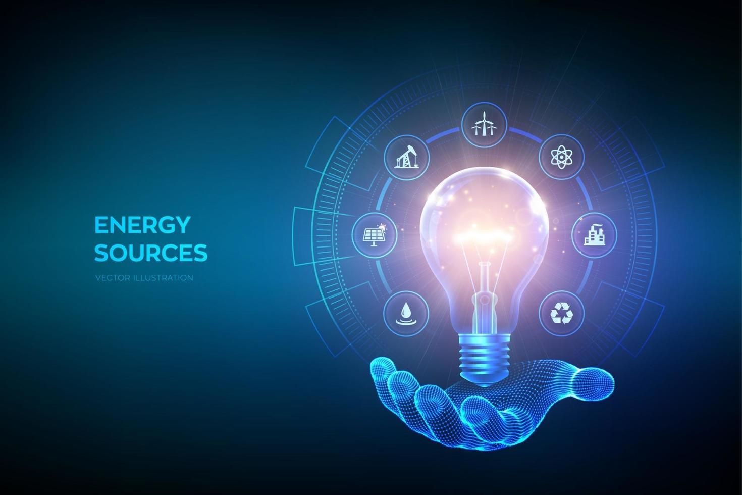 gloeiende gloeilamp met pictogrammen van energiebronnen in de hand. elektriciteit en energiebesparing concept. energiebronnen. campagne voeren voor een milieuvriendelijke en duurzame omgeving. vector illustratie.