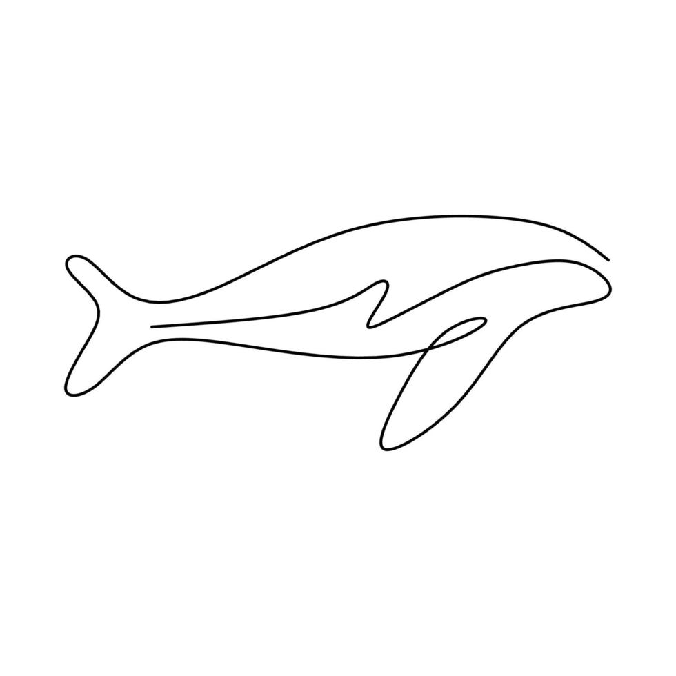 een enkele lijntekening van schattige dolfijnen. een grote walvis zwemt in de zee. grappige schoonheid zoogdier dier mascotte concept minimalistische stijl hand-draw vector grafische ontwerp illustratie
