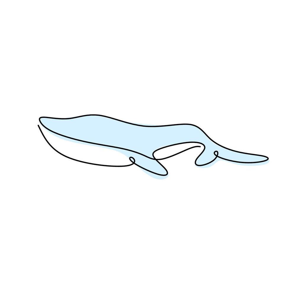 een enkele lijntekening van schattige dolfijnen. een grote walvis zwemt in de zee. grappige schoonheid zoogdier dier mascotte concept minimalistische stijl hand-draw vector grafische ontwerp illustratie