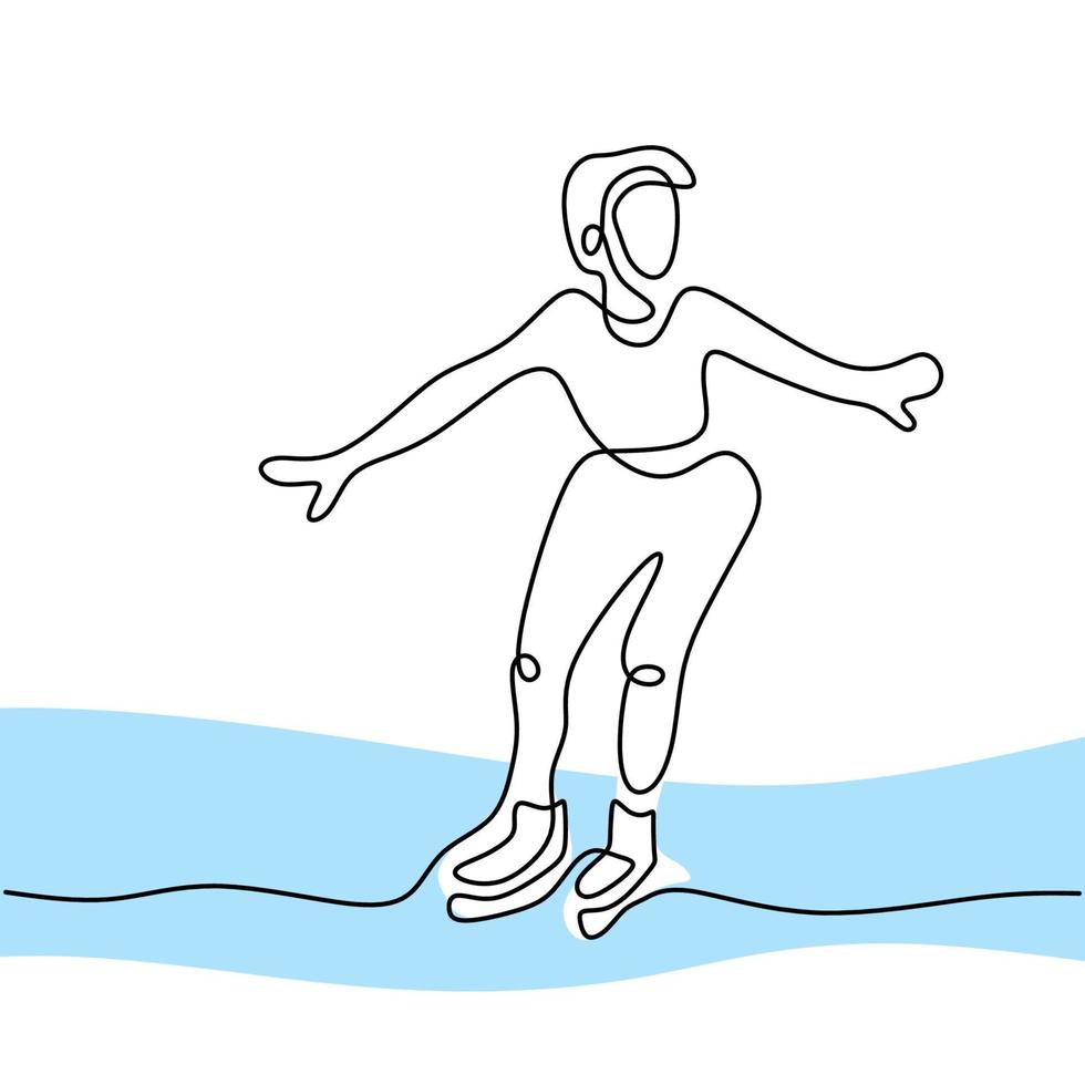 doorlopende lijntekening van schaatsen man. energieke man speelt schaatser tijdens het dansen in het ijsgebied geïsoleerd op een witte achtergrond. winter buitenactiviteiten concept hand getekend minimalisme ontwerp vector