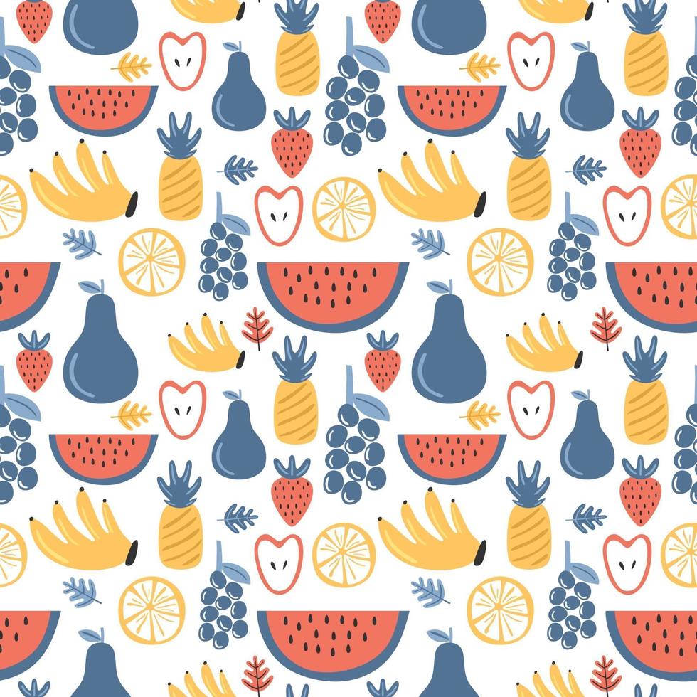 vers fruit naadloze patroon. druif, aardbei, banaan, appel, ananas, watermeloen, sinaasappel. tropische vruchten. gezonde levensstijl concept. vector voeding voedingsmiddelen cartoon afbeelding