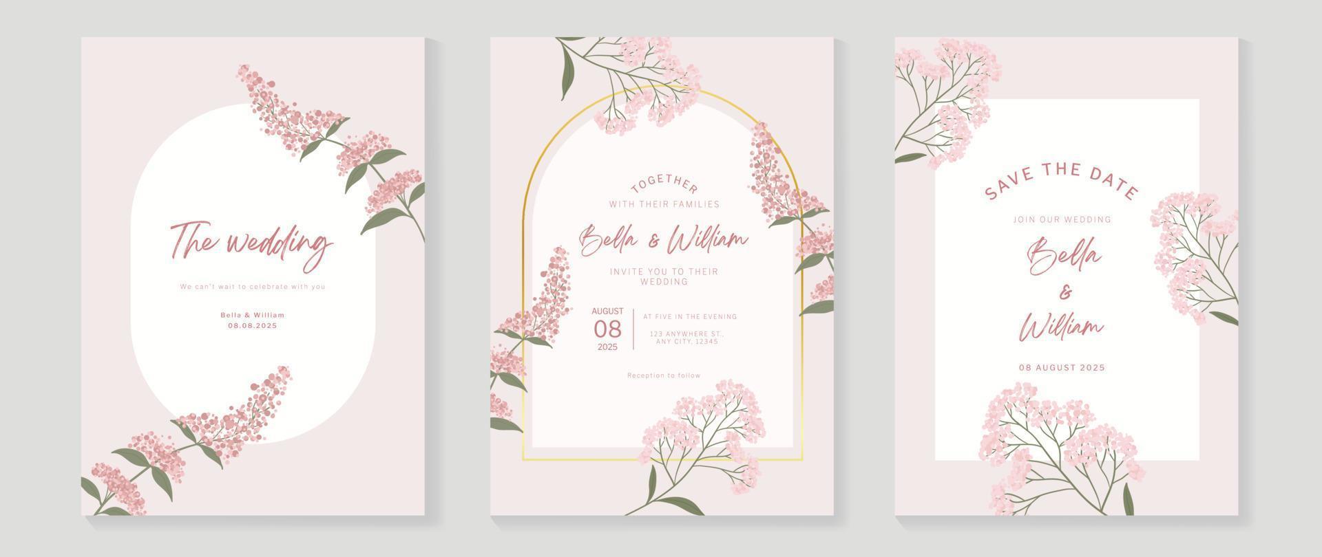 luxe bruiloft uitnodiging kaart achtergrond vector. elegant waterverf botanisch roze wilde bloemen en meetkundig boog goud kader textuur. ontwerp illustratie voor bruiloft en vip Hoes sjabloon, spandoek. vector