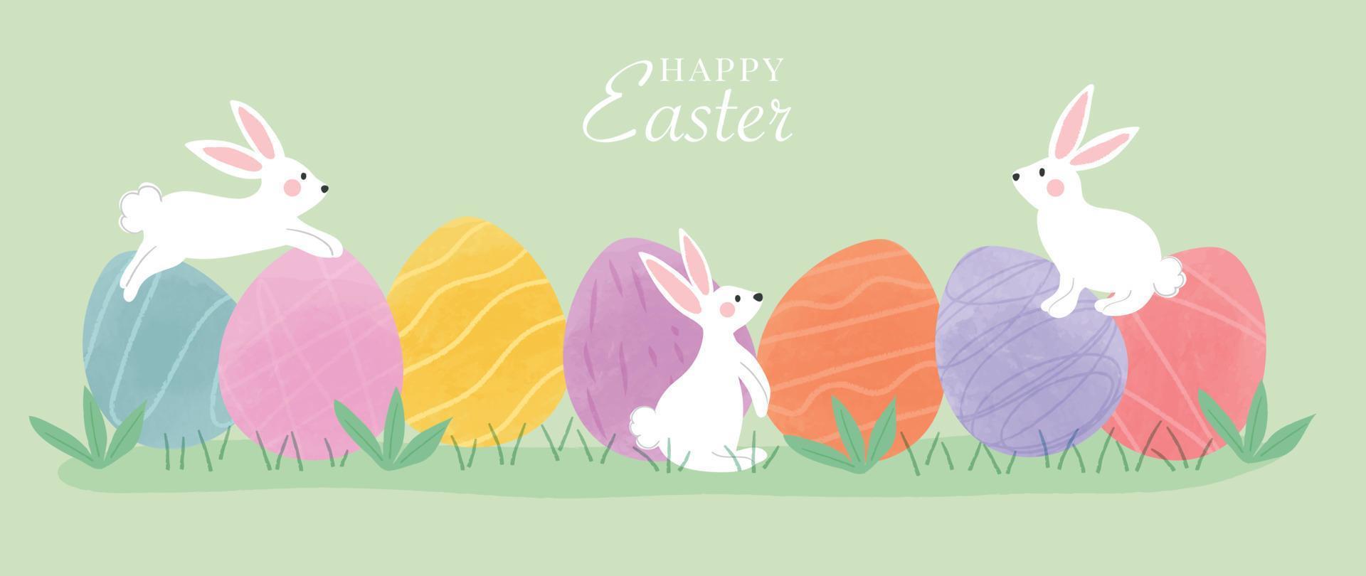 gelukkig Pasen waterverf element achtergrond vector. hand- geschilderd schattig wit konijnen met Pasen eieren en gras veld- tuin. verzameling van aanbiddelijk tekening ontwerp voor decoratief, kaart, kinderen, spandoek. vector