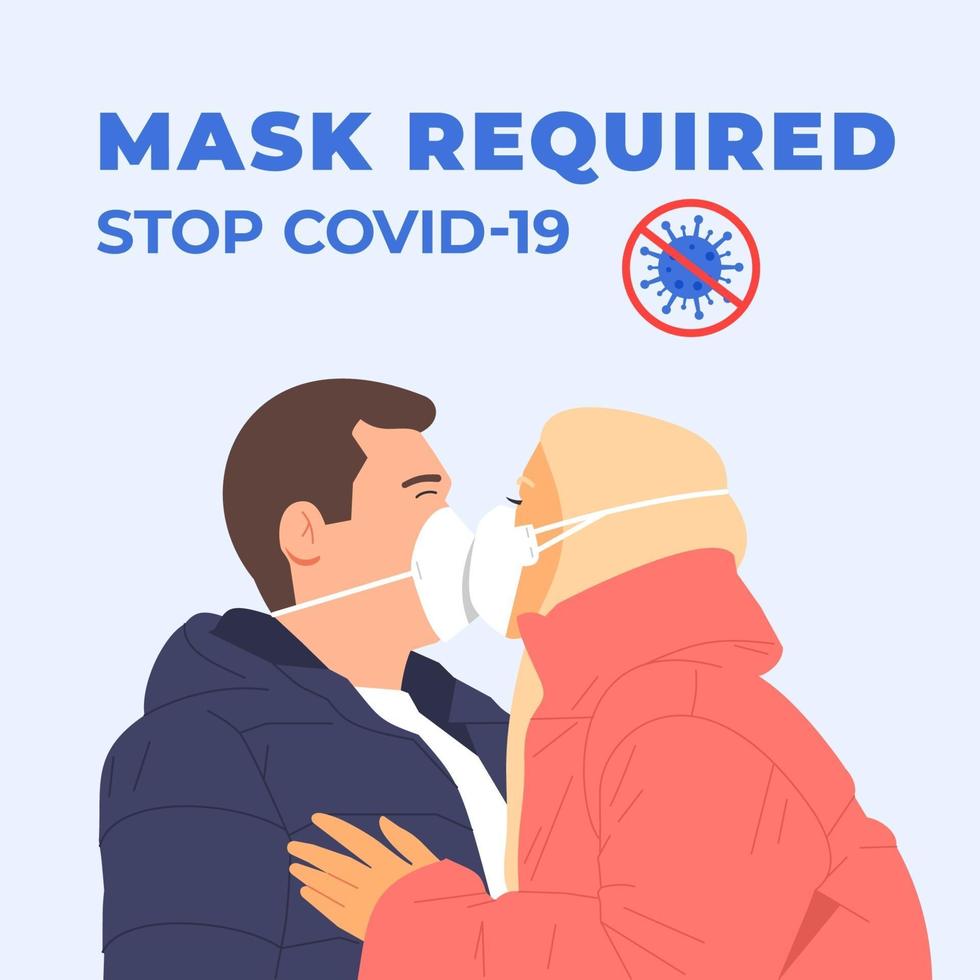 gelukkig paar kussen in maskers. coronavirus, covid, ncov, stop, concept voor gezondheidsbescherming. bescherming tegen coronavirus illustratie. medische quarantaine. preventieve gezondheidsveiligheid vector