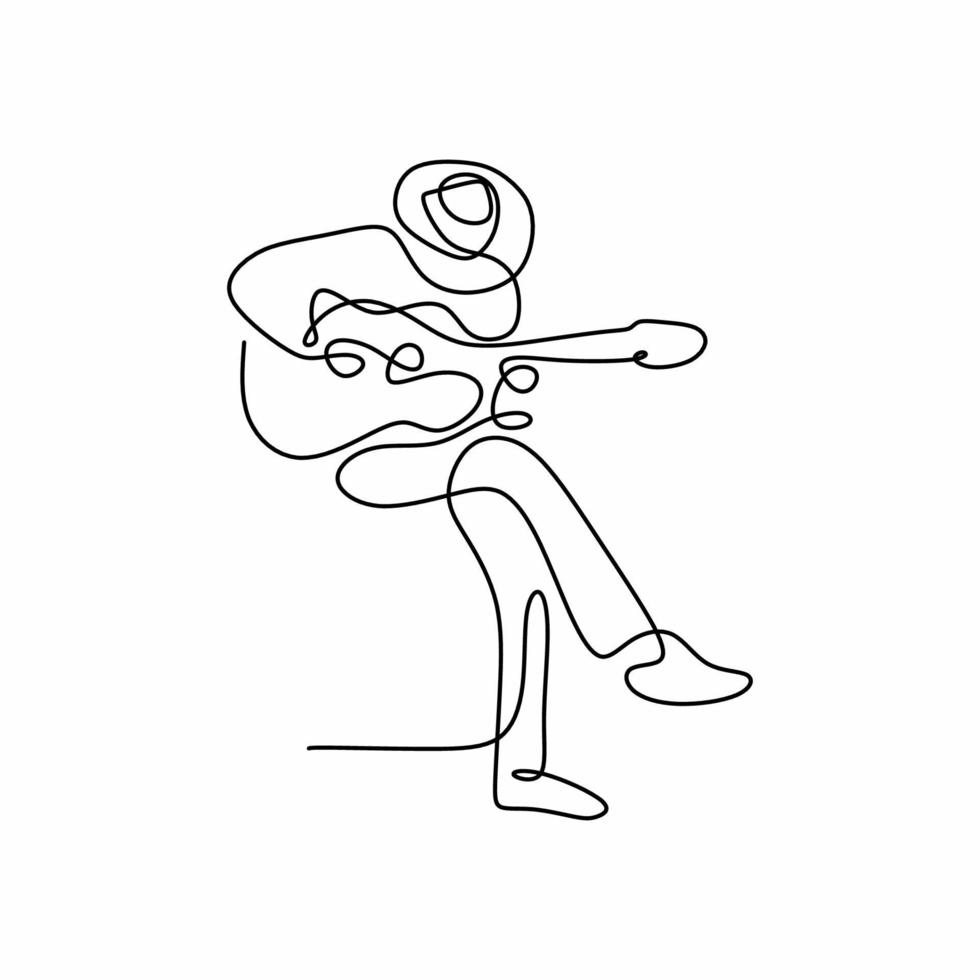 enkele lijntekening van jonge gitarist man in het stadium en zijn elektrische gitaar spelen. zittende jonge man met hoed die zijn gitaarvaardigheid toont. muzikant kunstenaar prestaties concept. vector illustratie