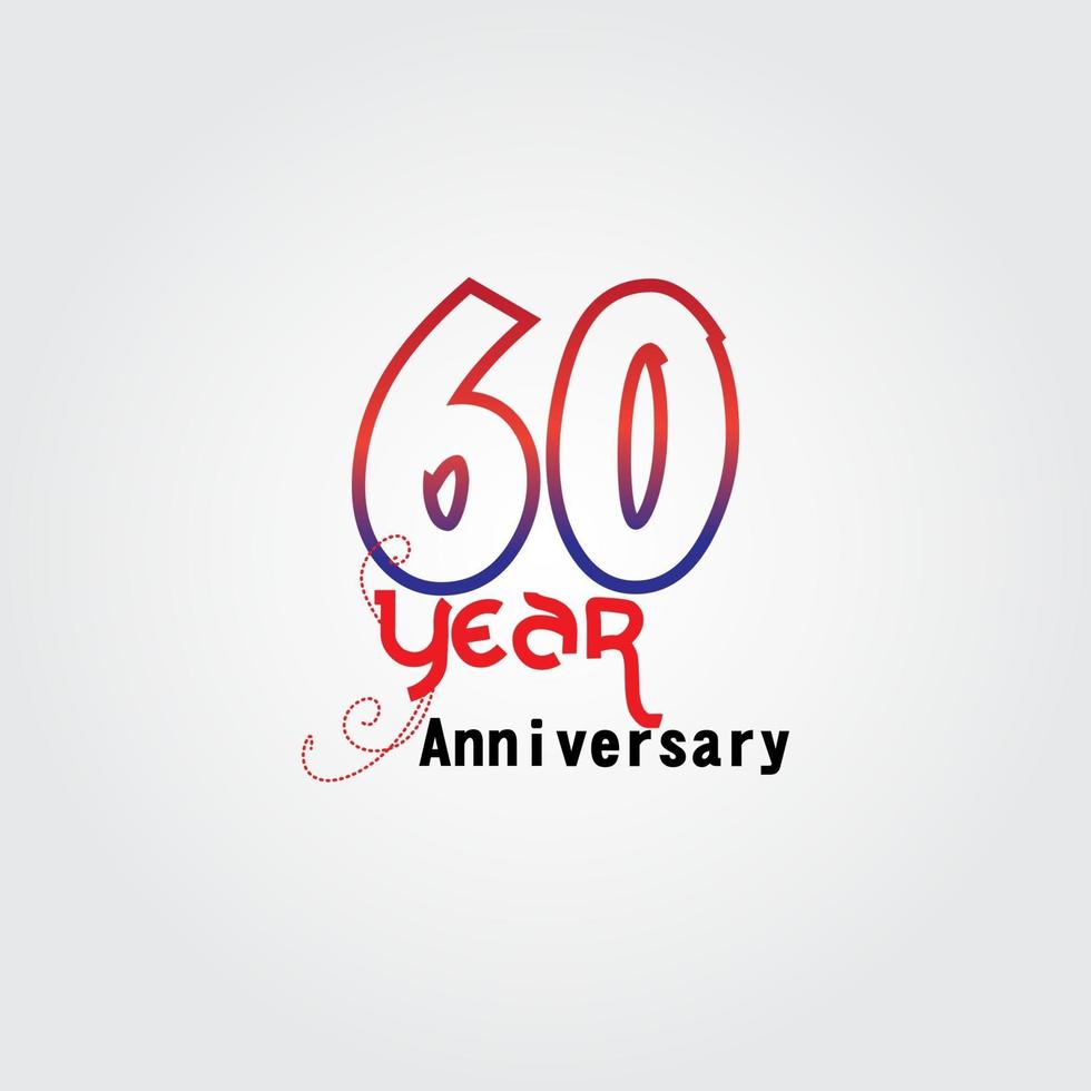 60 jaar verjaardag viering logo. verjaardagslogo met rode en blauwe kleur geïsoleerd op een grijze achtergrond, vector design voor feest, uitnodigingskaart en wenskaart