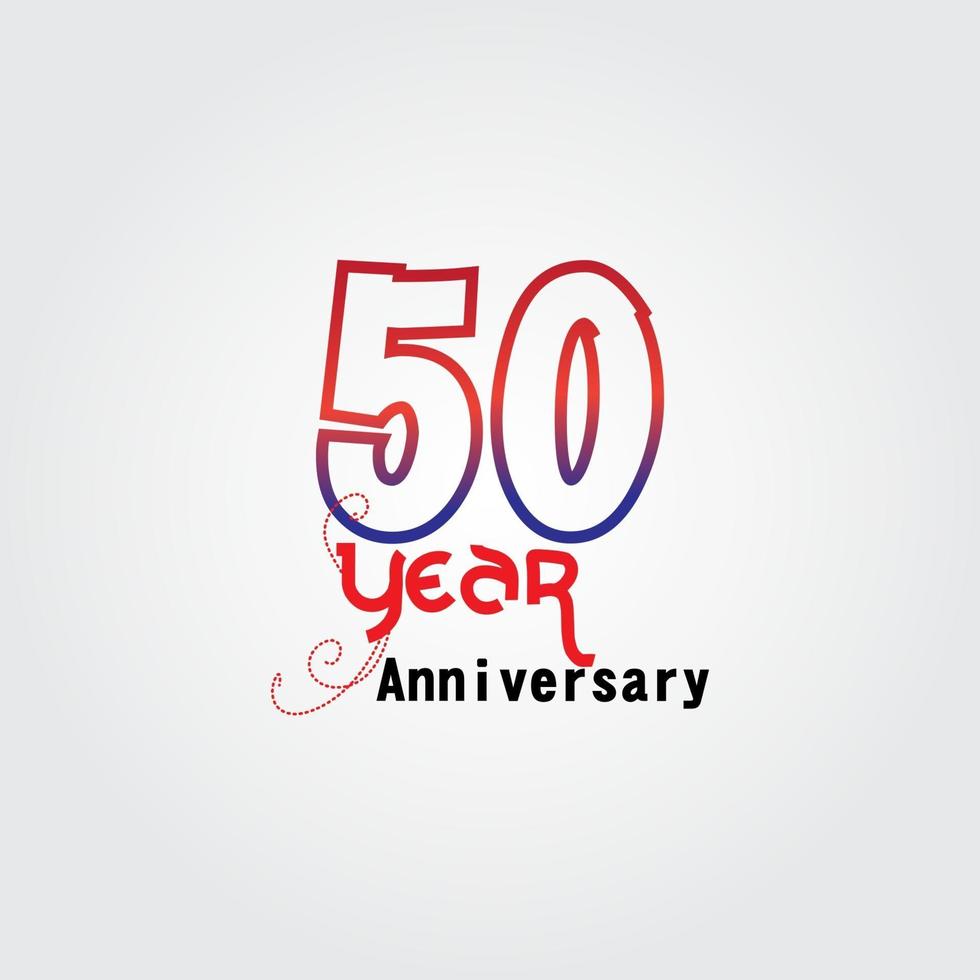 50 jaar verjaardag viering logo. verjaardagslogo met rode en blauwe kleur geïsoleerd op een grijze achtergrond, vector design voor feest, uitnodigingskaart en wenskaart
