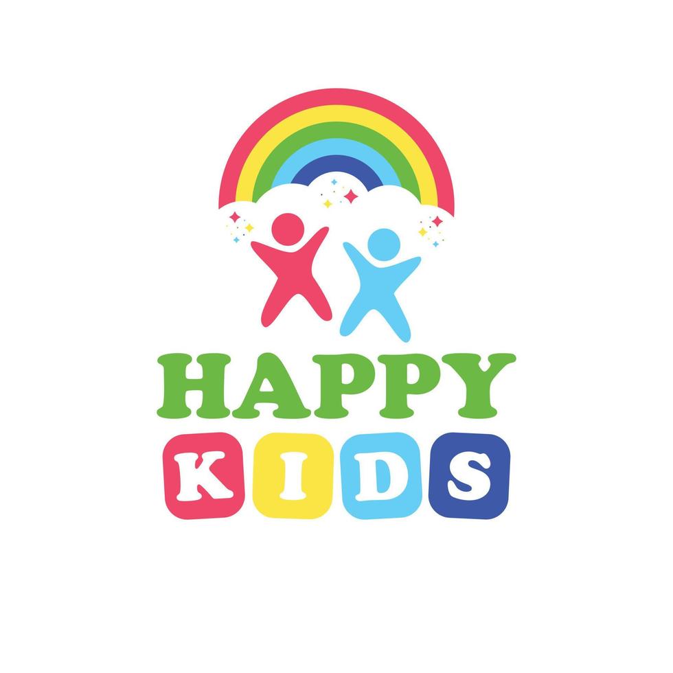 gelukkig kinderen logo ontwerp. kleurrijk logotype met regenboog. vector