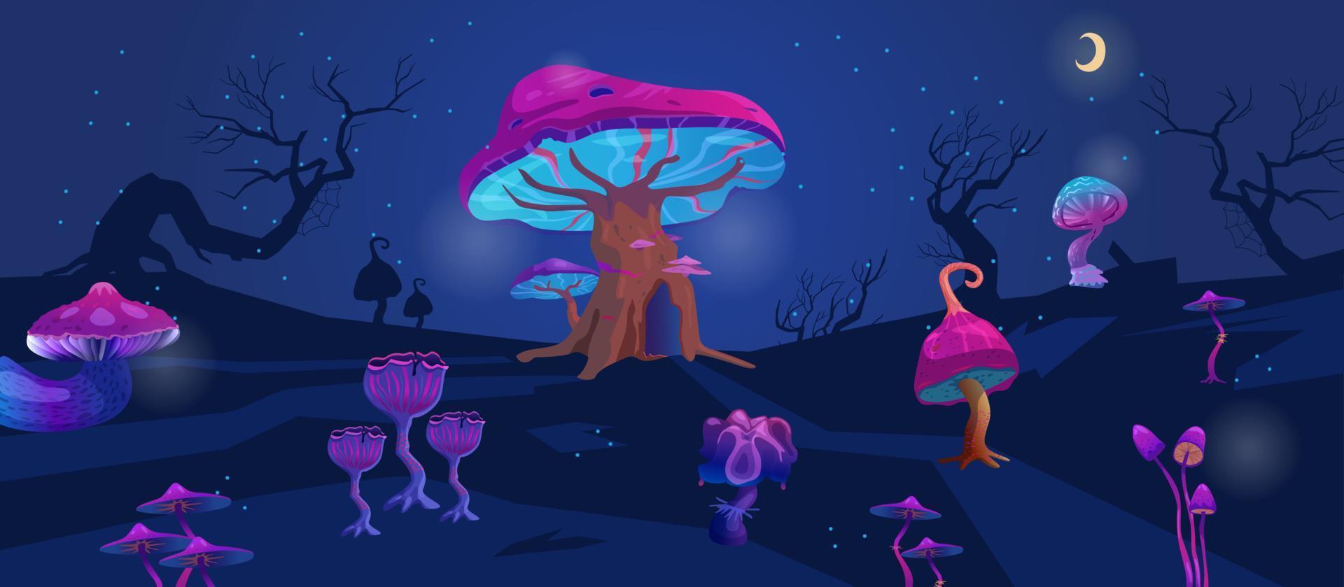 nacht landschap met magie gloeiend champignons tekenfilm vector illustratie. gaming achtergrond.