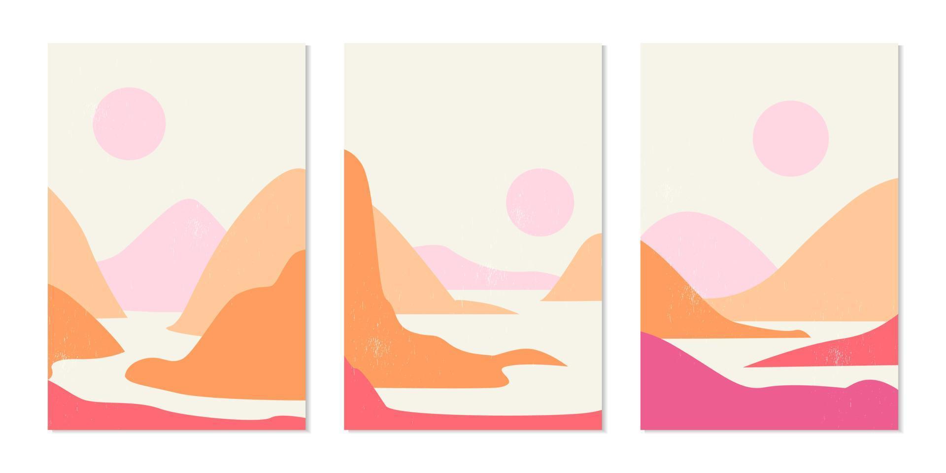 reeks van trending abstract berg landschappen met rivier, zon en maan, biologisch natuurlijk vormen in een midden in de eeuw stijl. vector