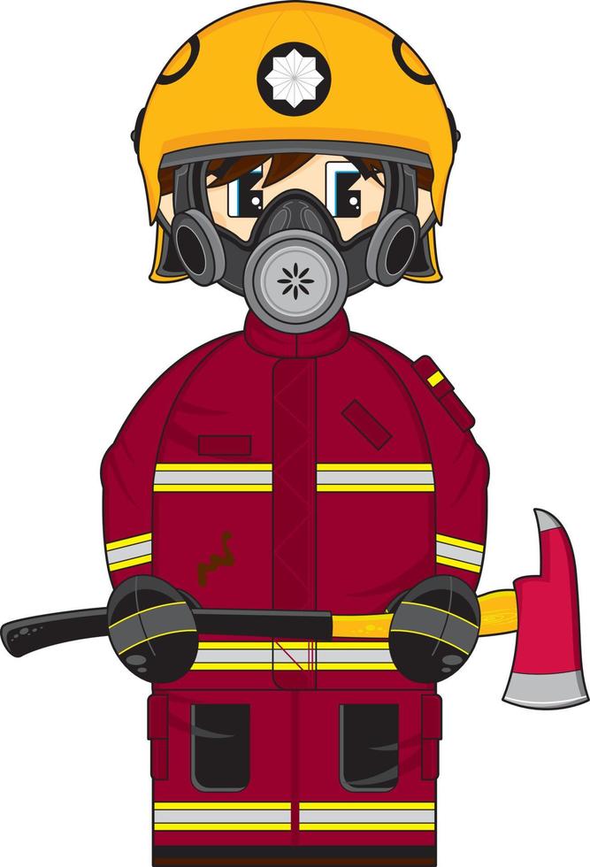 schattig tekenfilm brandweerman karakter met bijl vector
