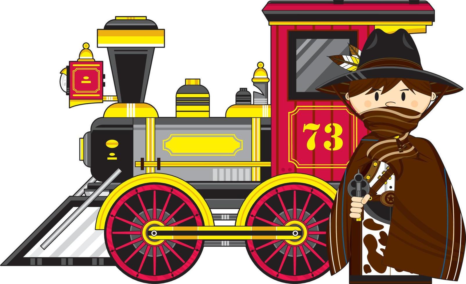 schattig tekenfilm wild west cowboy revolverheld met stoom- trein vector