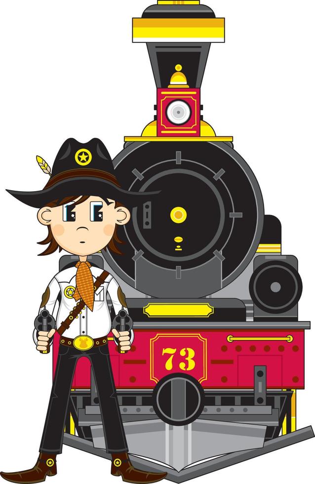 schattig tekenfilm wild west cowboy sheriff met stoom- trein vector