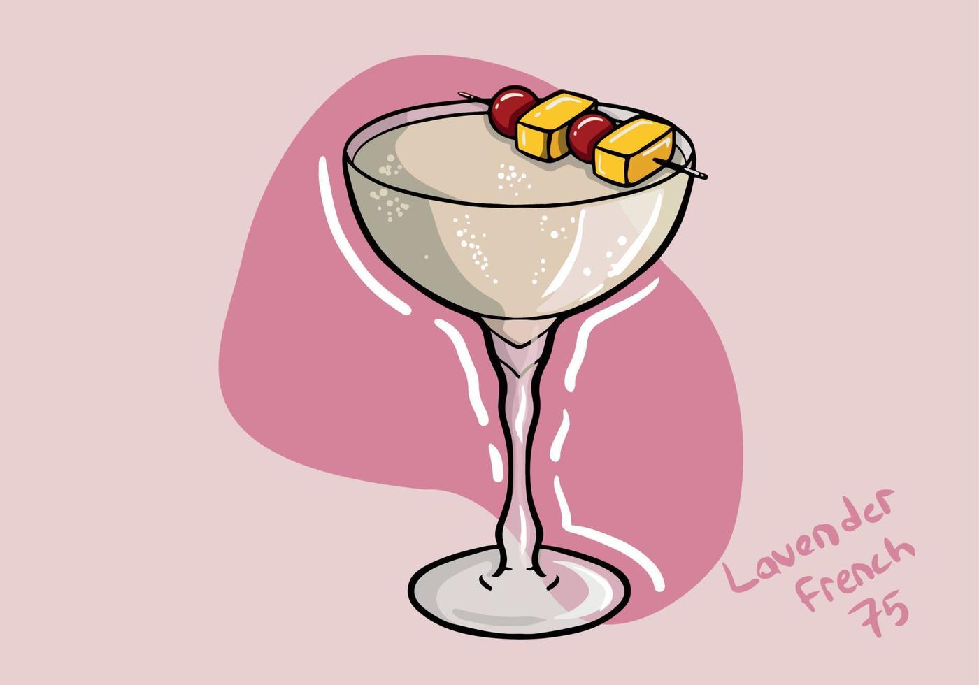 lavendel Frans 75 cocktail in glas. zomer aperitief recept. retro minimalistische afdrukken. kaart met alcoholisch drank met tropisch palm schaduw. vector illustratie.