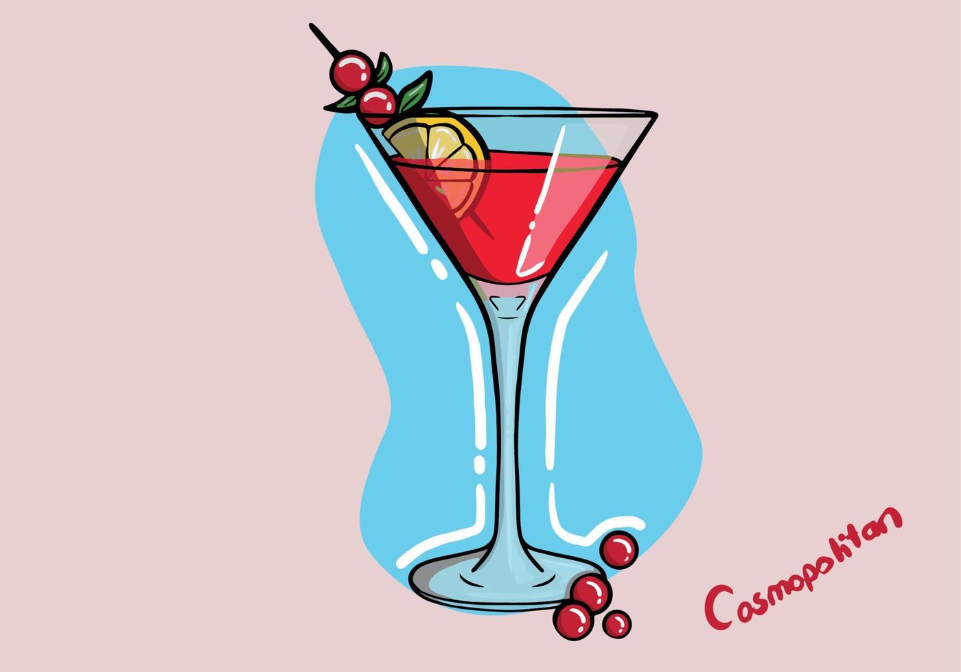 kosmopolitisch cocktail in martini glas gegarneerd met citroen. zomer aperitief recept. retro minimalistische afdrukken. kaart met alcoholisch drank met tropisch palm schaduw. vector illustratie.