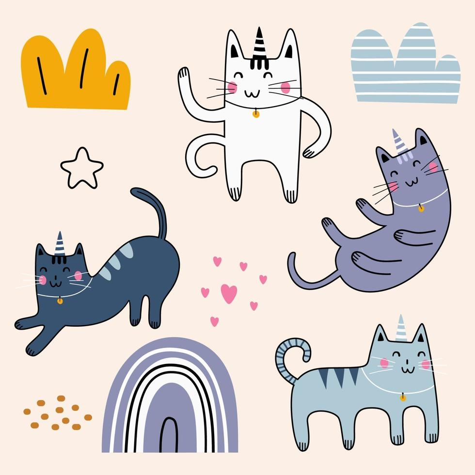 schattige kat kinderachtig cartoon. mediterende katten in yoga pose. effen ontwerp in eenvoudige stijl. vector set elementen. Scandinavische tekening voor baby-, kinder- en kindermode textielprint.