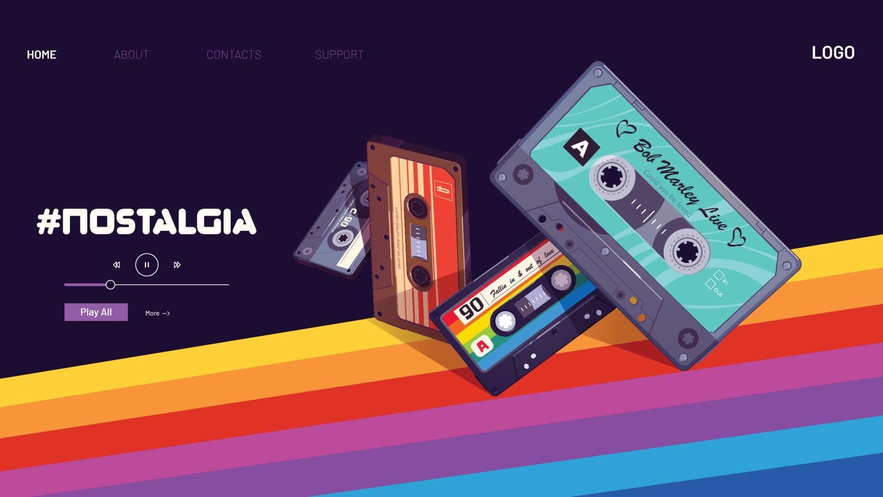 cassette tekenfilm landen bladzijde, ux ontwerp, cassettes Aan regenboog pad vector