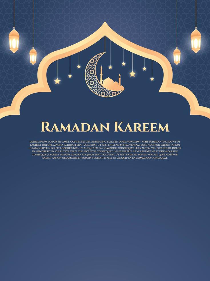 Ramadan kareem poster sjabloon met ornament gouden lantaarn en moskee Aan halve maan maan vector achtergrond ontwerp