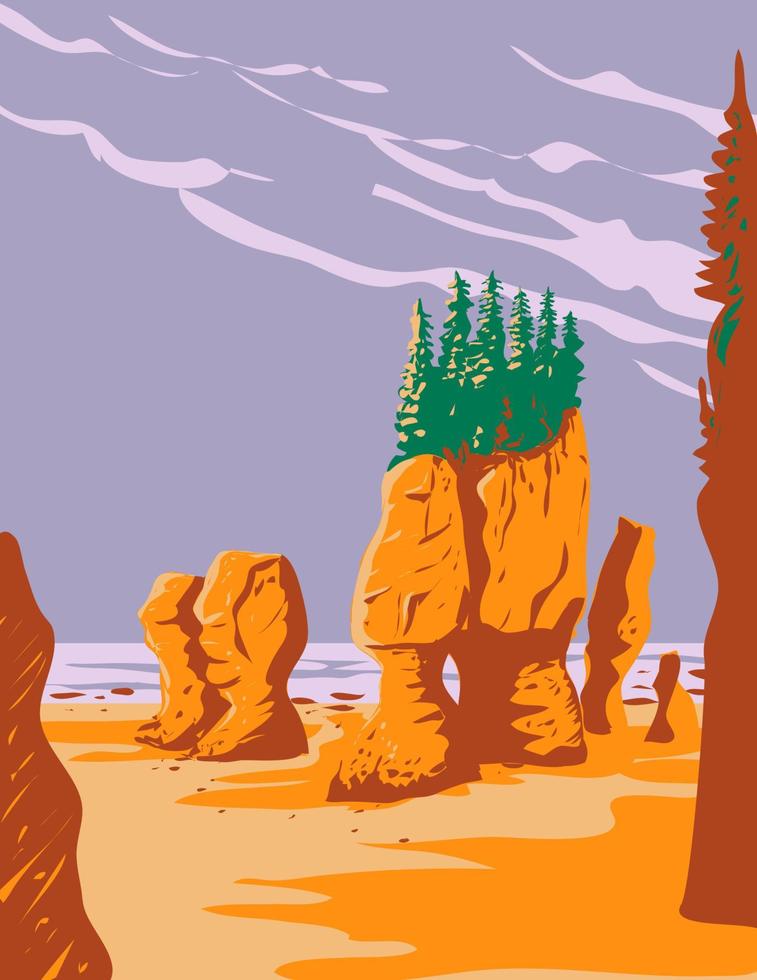 hoopwel rotsen in fundy nationaal park in nieuw brunswick Canada wpa poster kunst vector