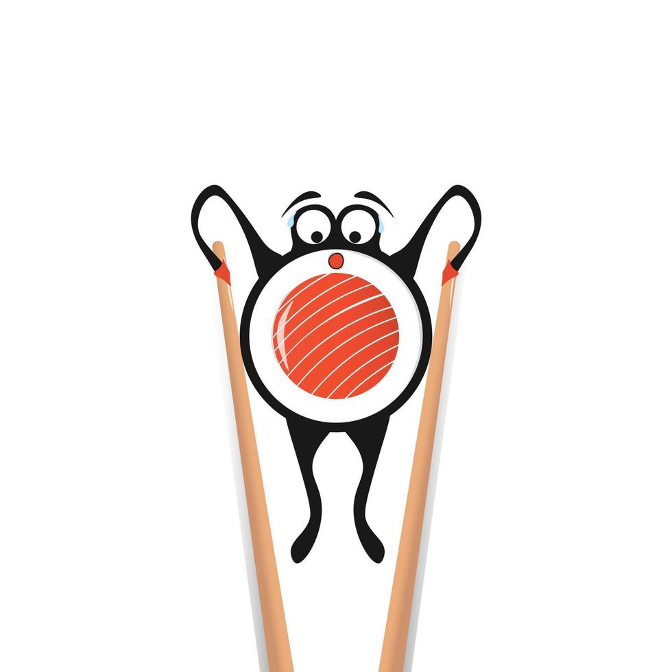 eetstokjes Holding sushi rollen karakter. concept van tussendoortje, exotisch voeding, restaurant, zee voedsel. geïsoleerd Aan wit achtergrond. vlak stijl neiging modern logo ontwerp vector illustratie