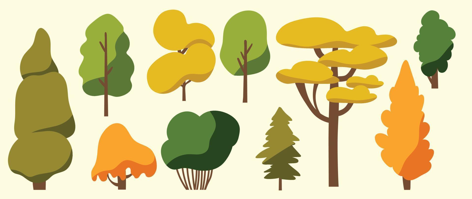 reeks van tekenfilm bomen vector. gemakkelijk modern stijl vlak Woud, oerwoud, pijnboom bomen, schattig hand- getrokken bladverliezend planten. ontwerp illustratie voor agrarisch tuin, natuur park, grappig landschap, spel. vector