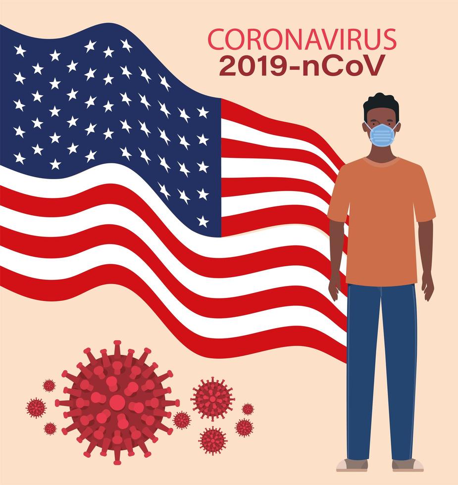 coronavirus banner met afro man met usa vlag vector ontwerp