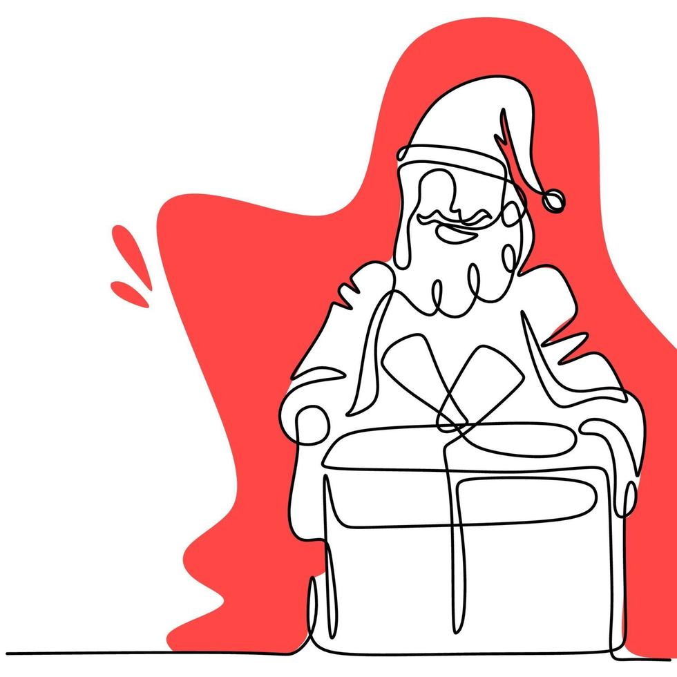 ononderbroken een regel een kerstman in kerstmis. staande santa met geschenkdoos op zijn handen geïsoleerd op een witte achtergrond. vakantie concept. trouw met kerstmis en gelukkig nieuwjaarsthema. vector illustratie