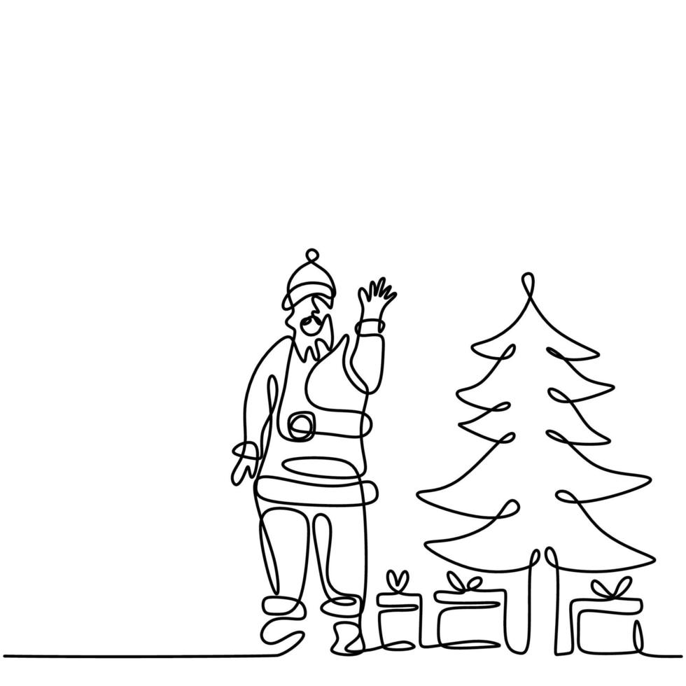 ononderbroken een regel een kerstman in kerstmis. staande santa met geschenkdoos en kerstboom terwijl zwaai met zijn handen. vakantie concept. trouw met kerstmis en gelukkig nieuwjaarsthema. vector illustratie