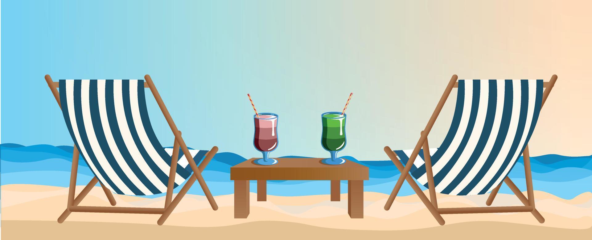 breed spandoek. zee kust, twee dek stoelen cocktails Aan de strand, zon zee en zand. zomer vakantie in heet landen, strand vakantie. banier voor reclame rondleidingen, reis, vakantie vector