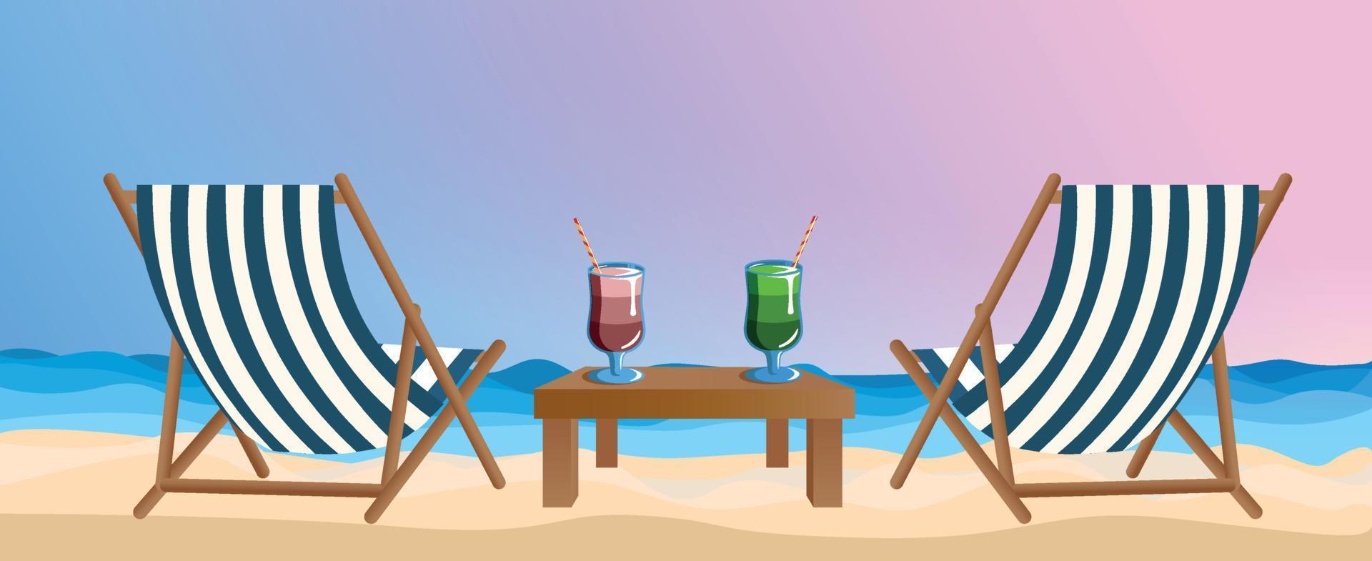 breed spandoek. zomer avond zee achtergrond, zonsondergang roze licht, jacht in de zee en twee strand cocktails Aan de zand. ansichtkaart, vakantie seizoen advertentie, strand vakantie vector