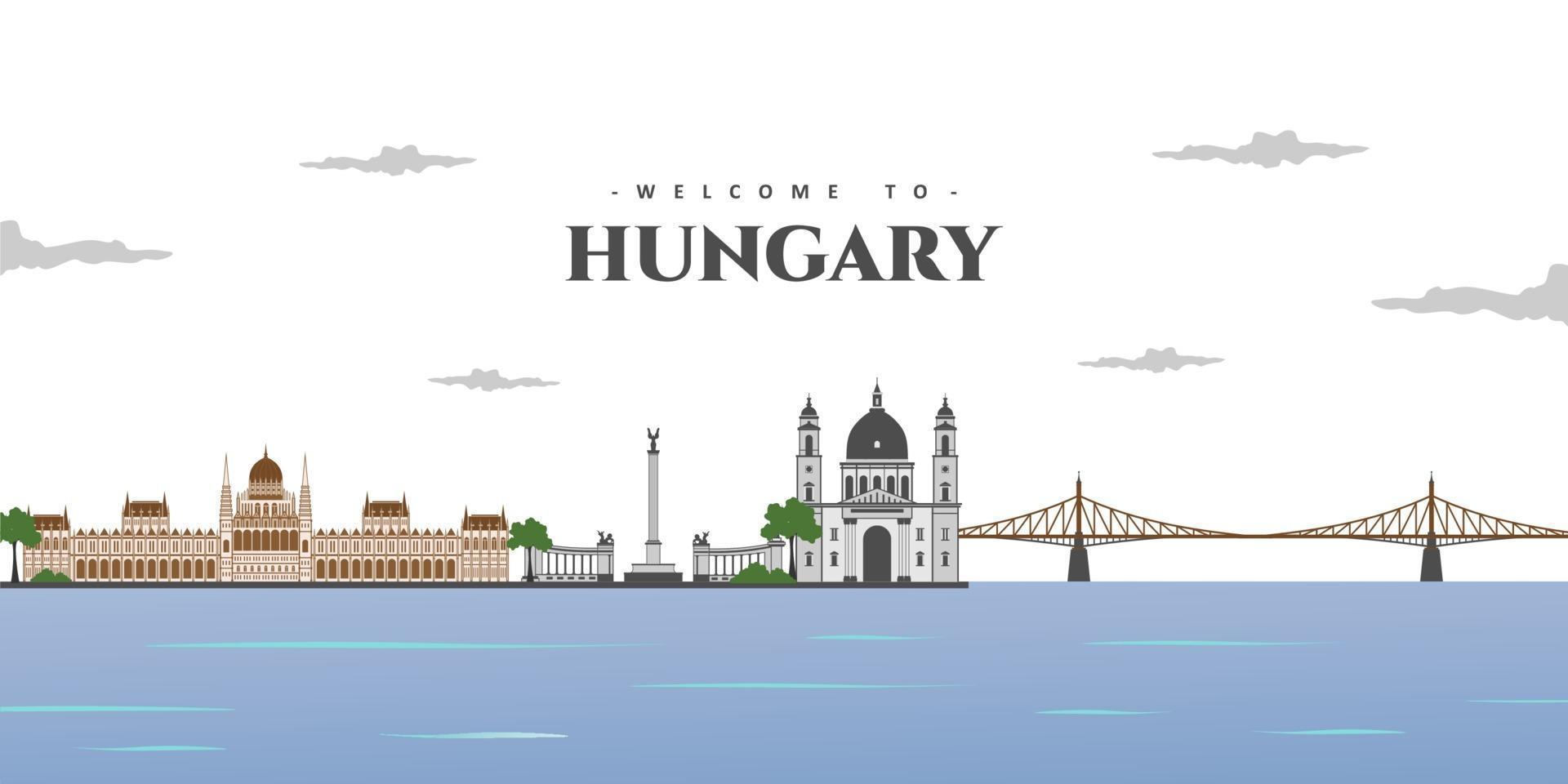 Panoramamening van Boedapest met de grootste oriëntatiepunten ter wereld, inzamelingssamenvatting geïsoleerde vectorillustratie. welkom in hongarije. rond in het wereldconcept. reizen en toeristische attractie. vector