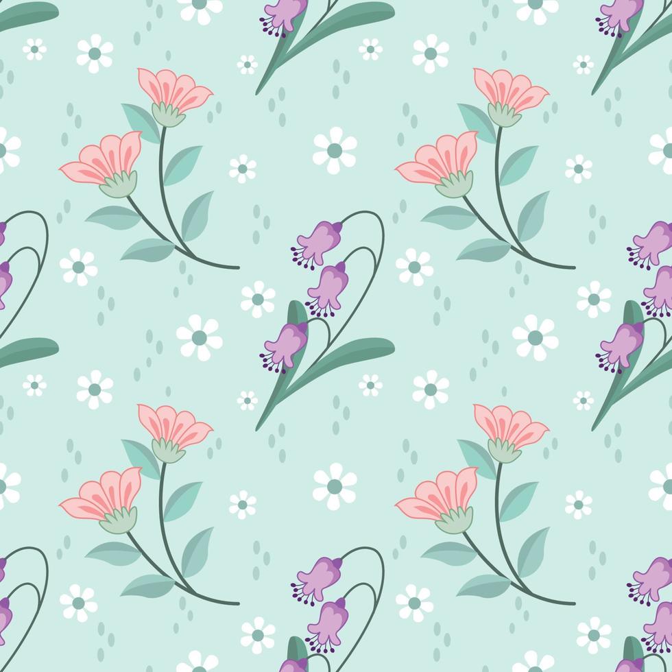 schattig bloeiend bloemen ontwerp Aan groen kleur naadloos patroon. vector