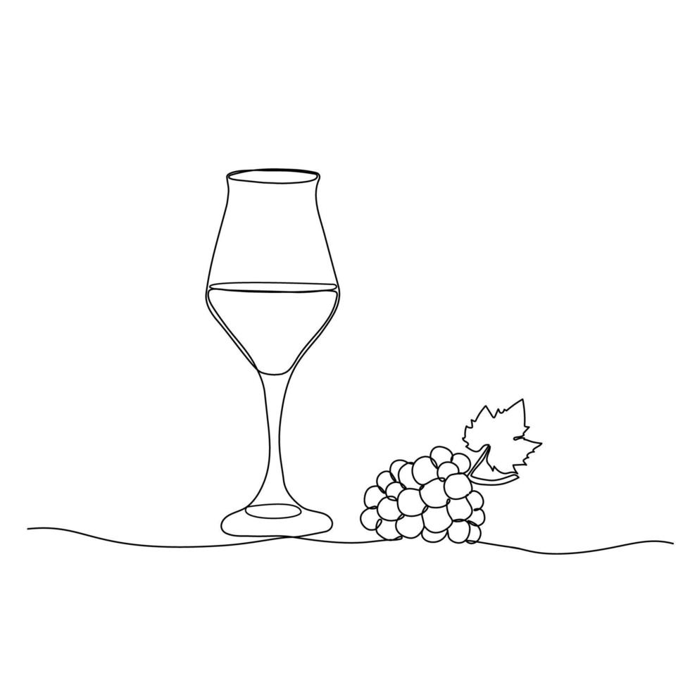 wijn glas en druif bundel in doorlopend een lijn tekening. vector illustratie