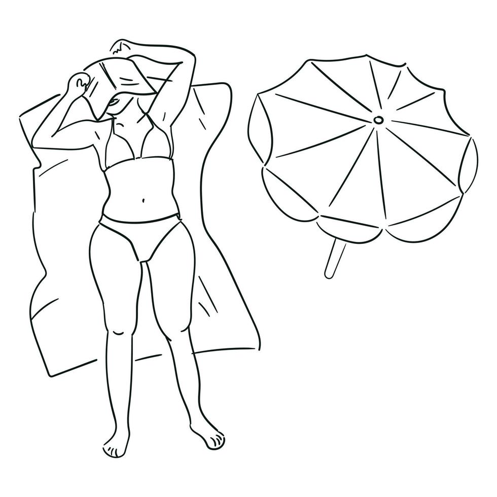 strand atmosfeer, een vrouw aan het liegen in de zon. vector ontwerp van een zomer poster in een gemakkelijk stijl. contour illustratie beeltenis een vrolijk meisje in een bikini met een paraplu aan het liegen Aan de zand. het drukken