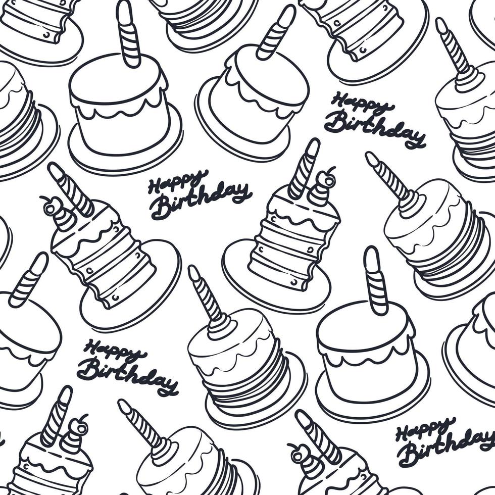 een patroon van zwart en wit verjaardag cakes met kaarsen en cupcakes. schattig contour elementen van verjaardag taarten. grappig toetje achtergrond voor ansichtkaart, poster, afdrukken ontwerp. vakantie geschenk achtergrond vector