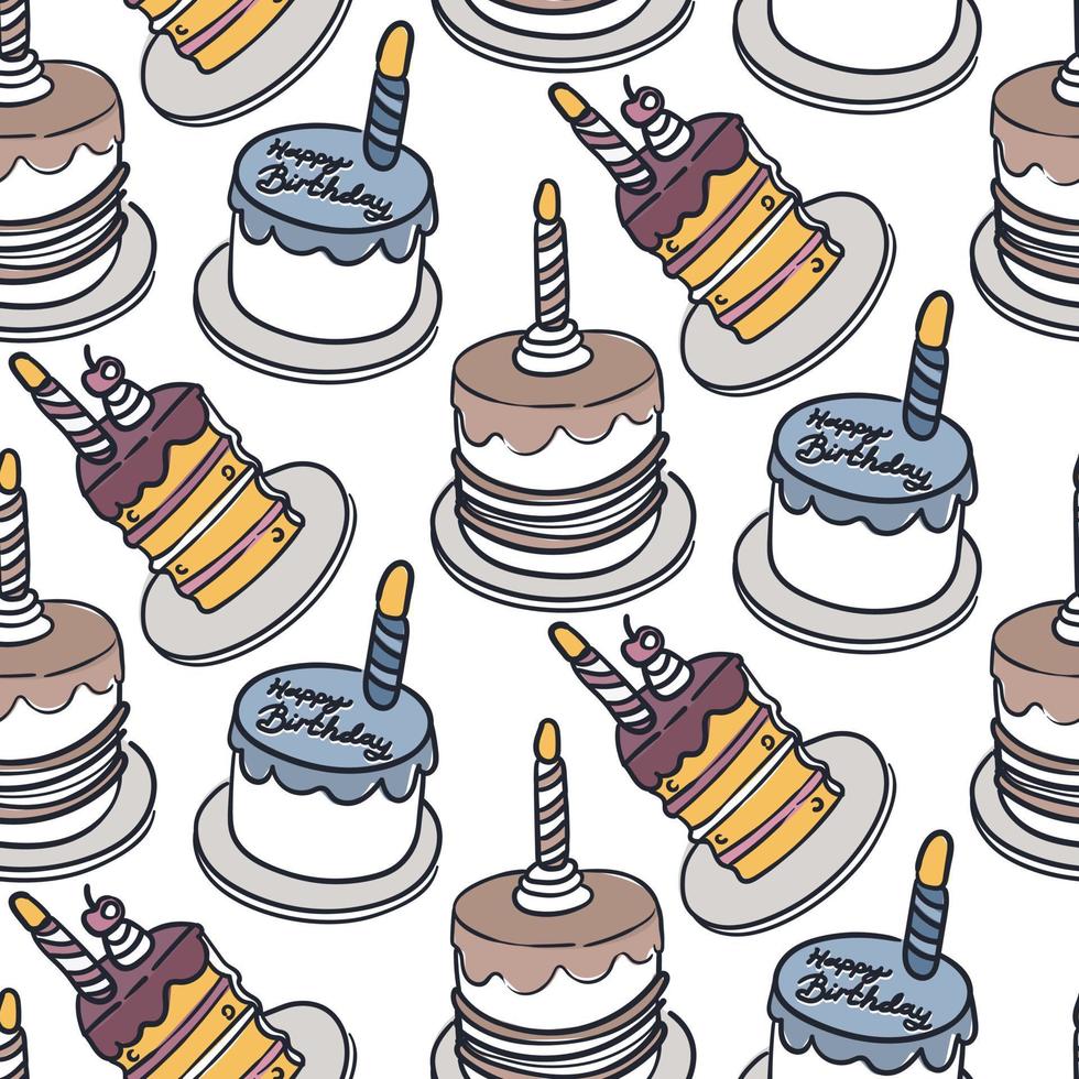 een patroon van gekleurde verjaardag cakes met een contour met kaarsen en cupcakes. schattig contour elementen van verjaardag taarten. grappig toetje achtergrond voor ansichtkaart, poster, afdrukken ontwerp. vakantie geschenk vector