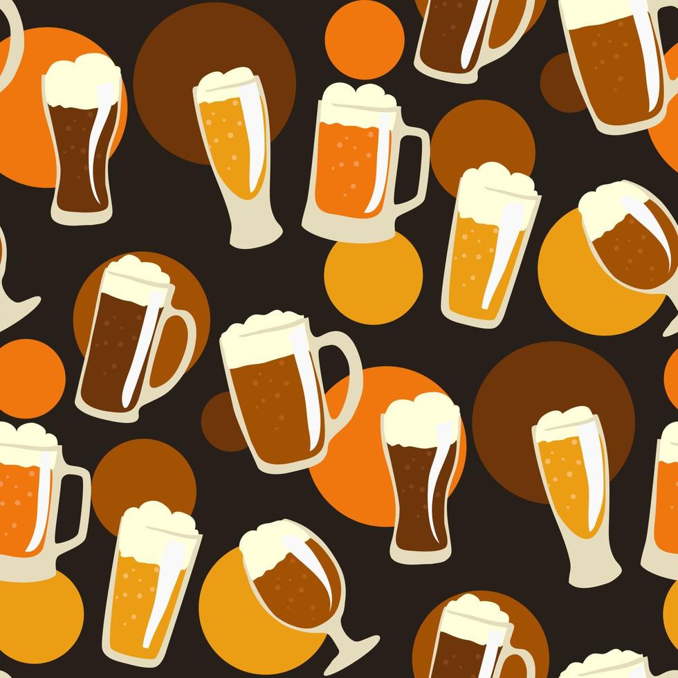 een patroon van bier bril, mokken met bier variëteiten. grafiek Aan een donker achtergrond. wijnoogst vector illustratie voor poster afdrukken, partij uitnodigingen. glas mokken met bier gegoten in hen. cirkels