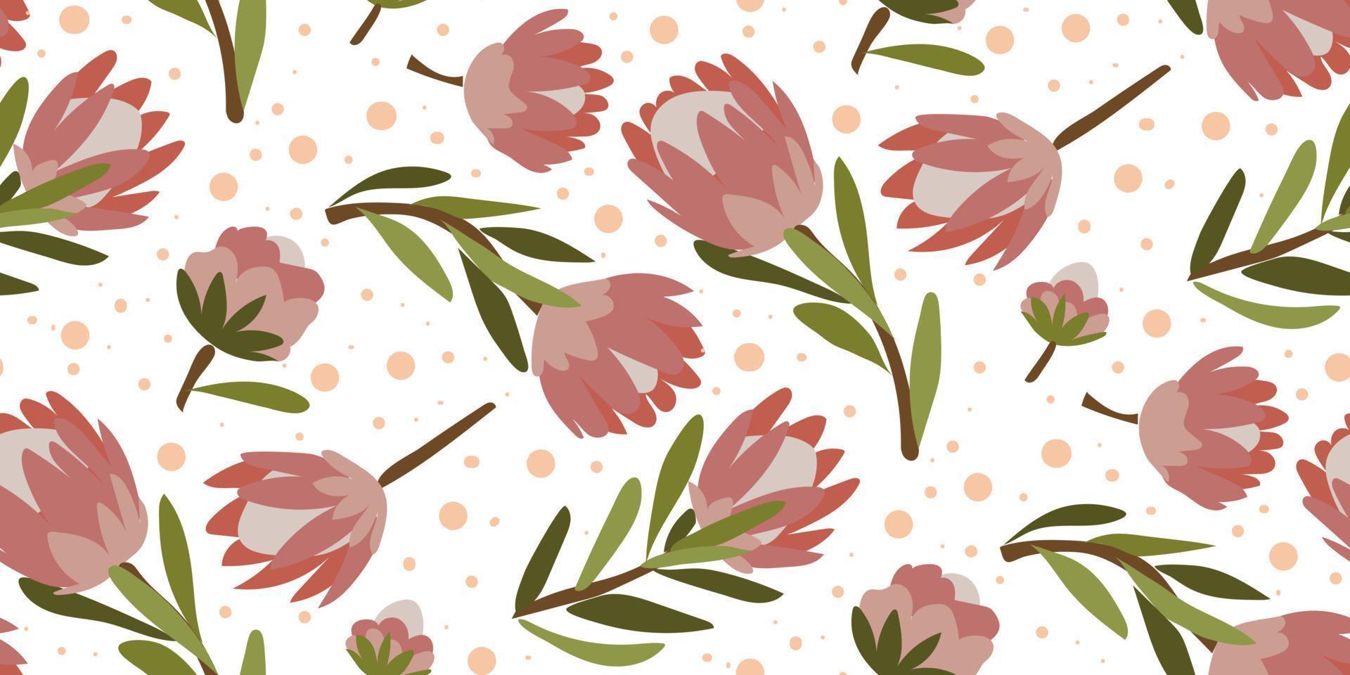 een patroon van vlekken van een koning protea kleur schetsen met dots Aan een wit achtergrond. exotisch tropisch hand geschilderd bloemen, een symbool van zuiden Afrika. achtergrond voor afdrukken, textiel, ansichtkaarten vector