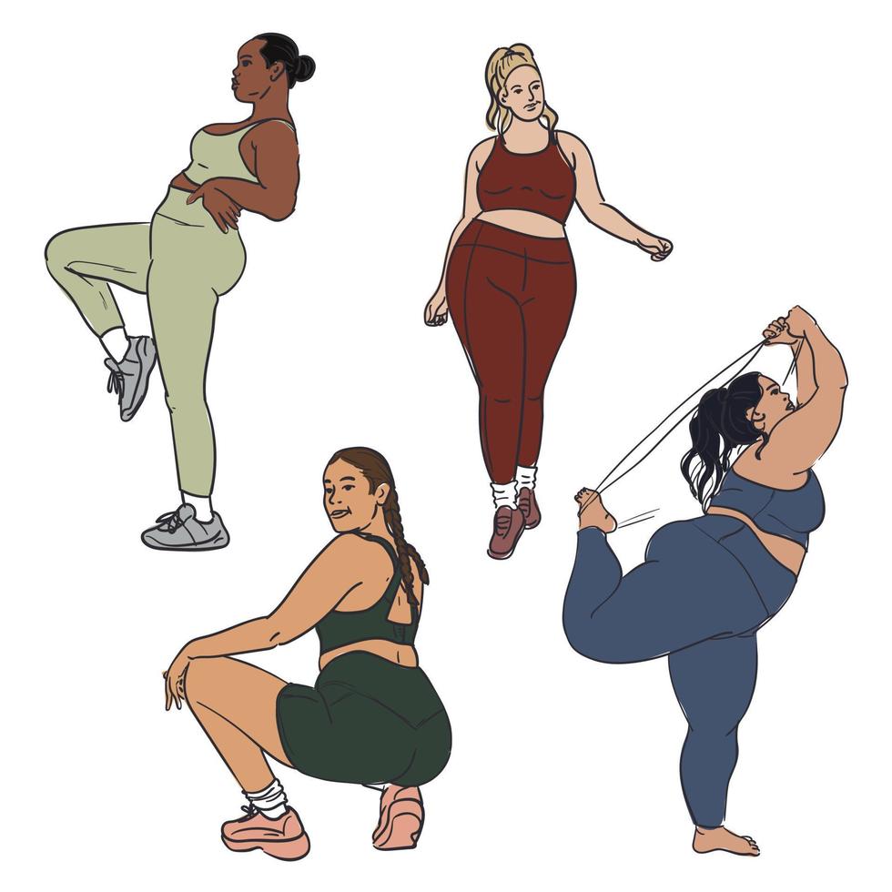 een reeks van gekleurde vol vrouw figuur in een trainingspak met een helder donker schets. bodypositive vrouw lichaam. vector illustratie. kleur en contour illustratie. het drukken flyers, spandoeken, sport- goederen