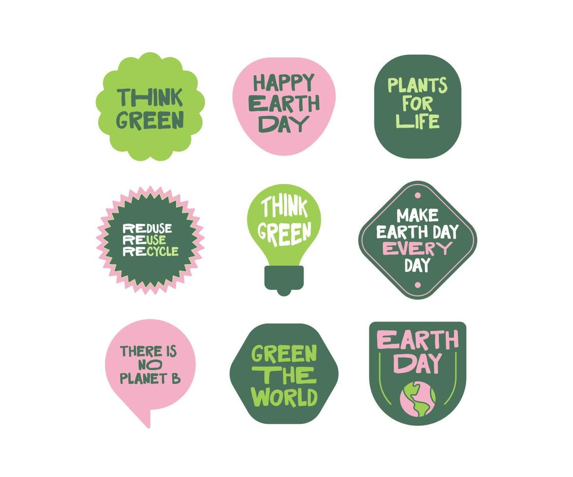 aarde dag stickers. milieu bewustzijn citaten. groen eco vriendelijk levensstijl. vector