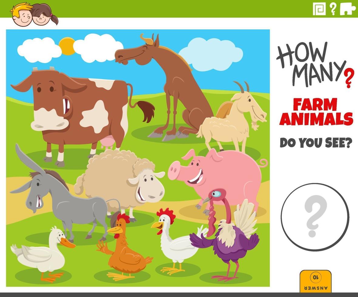 hoeveel boerderijdieren educatief cartoonspel voor kinderen vector