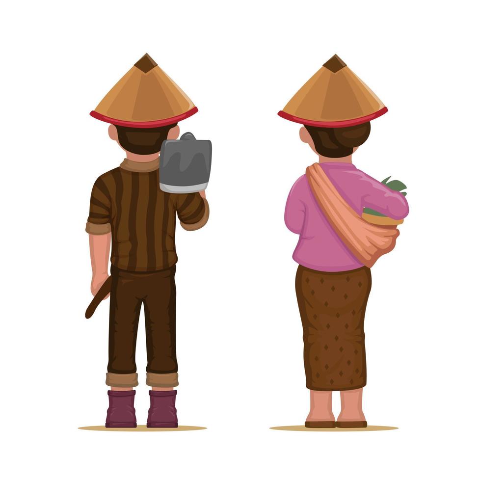 Aziatisch boer arbeider paar van terug visie karakter reeks tekenfilm illustratie vector