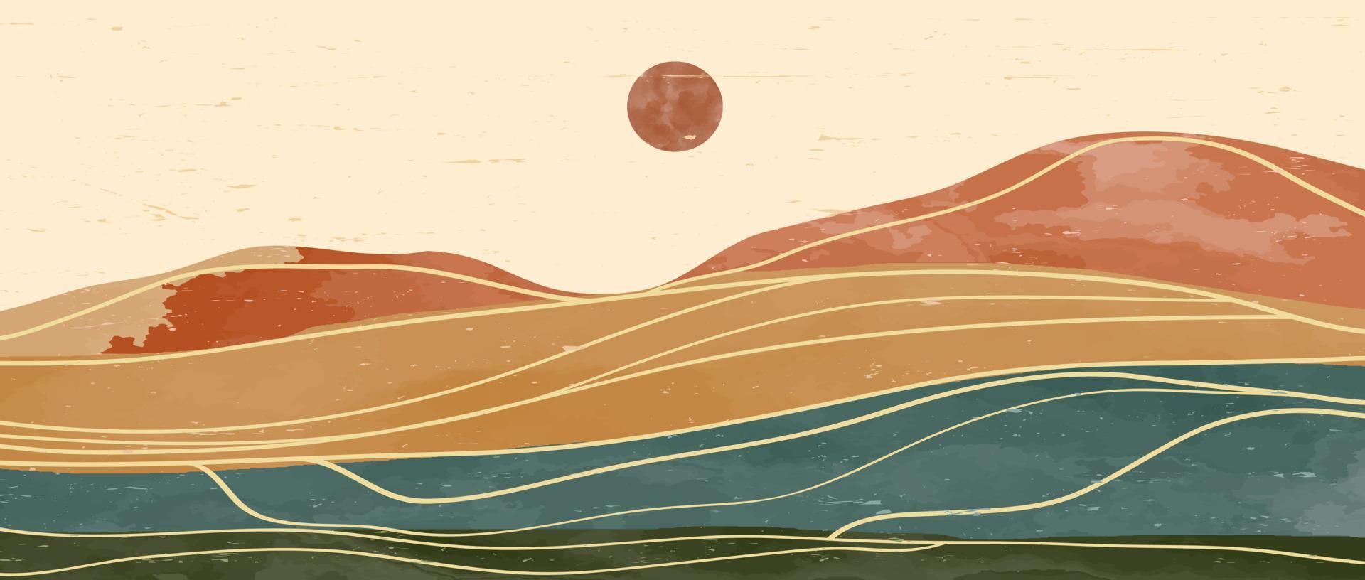 berg landschap waterverf schilderen. midden eeuw modern kunst. natuurlijk abstract landschap achtergrond. met bergen, heuvels, Woud en zonsondergang. vector illustratie