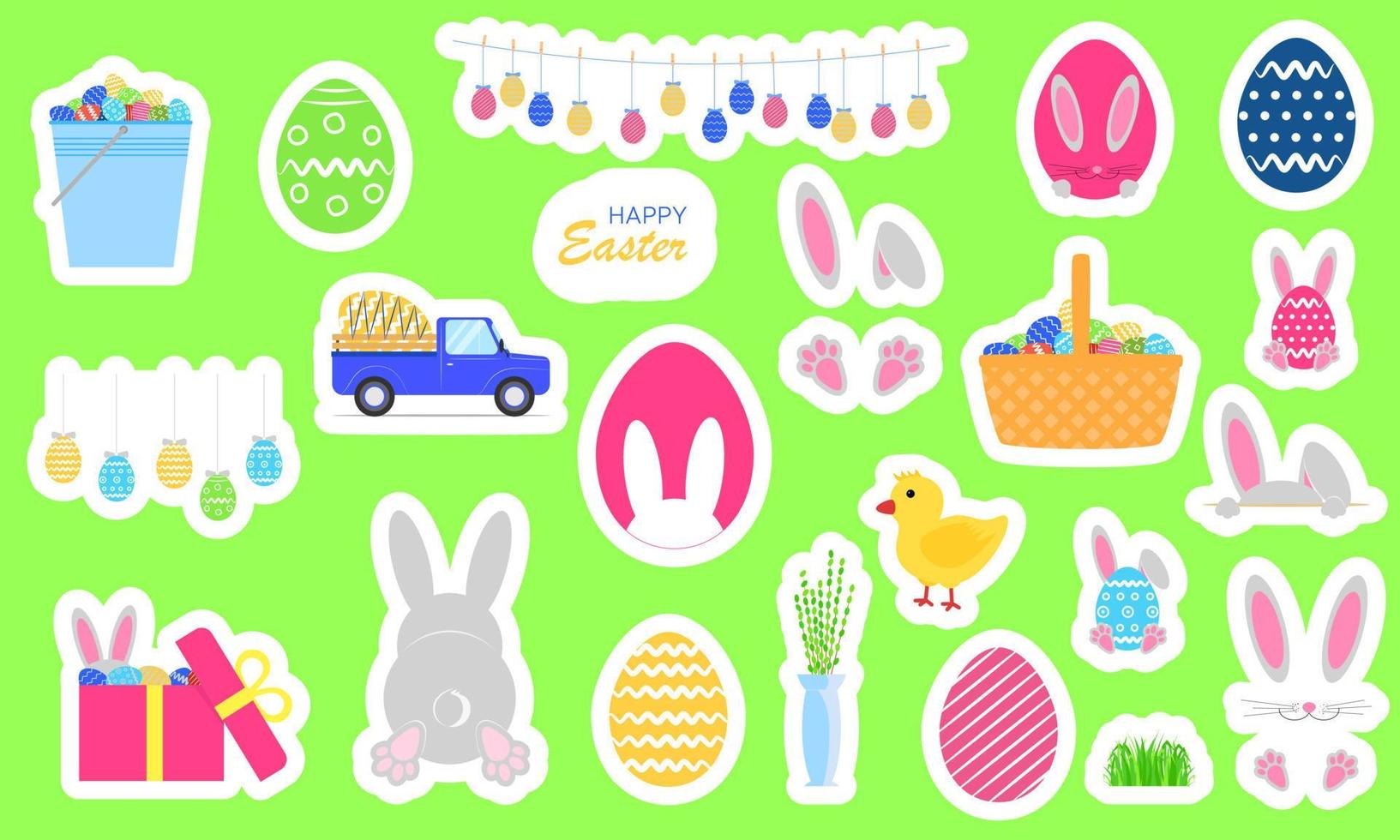 reeks van stickers voor Pasen. helder Pasen symbolen net zo konijn, konijn, ei, lente, kuiken. vector illustratie