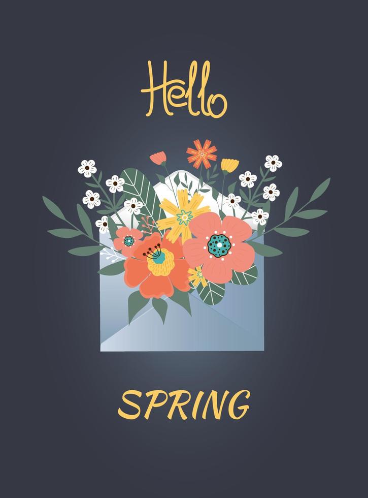 Hallo de lente. voorjaar bloemen, bladeren in envelop Aan donker achtergrond. vector