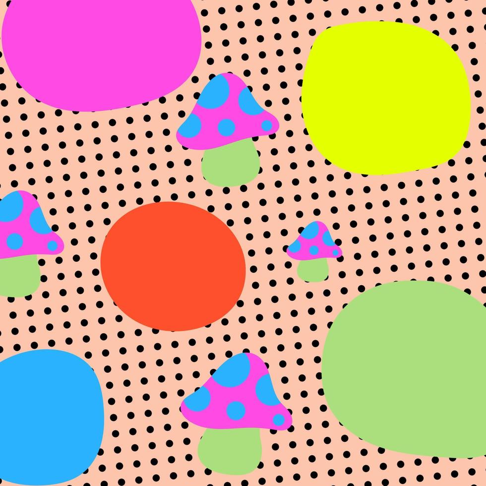 neon groovy patroon, achtergrond met gekleurde cirkels en champignons in psychedelisch hippie stijl. vector
