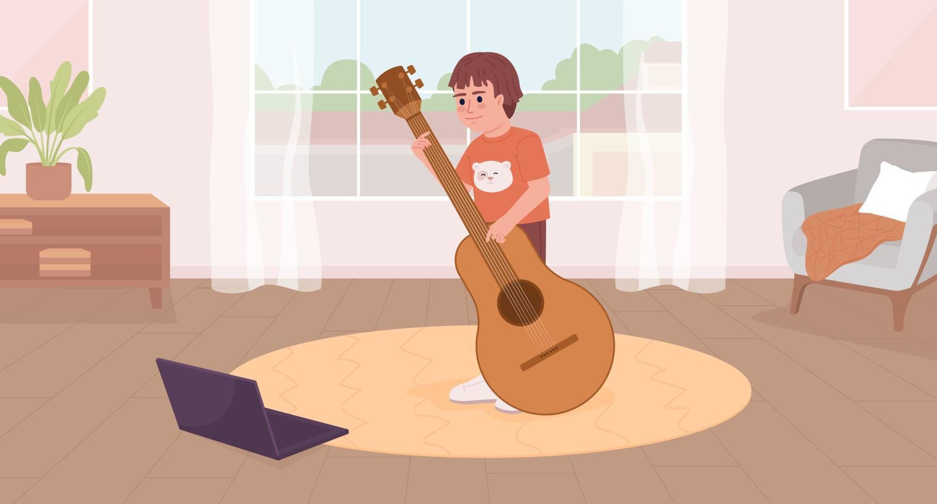 online muziek- klasse voor kind vlak kleur vector illustratie. klein jongen spelen gitaar gebruik makend van video zelfstudie. held afbeelding. ten volle bewerkbare 2d gemakkelijk tekenfilm karakter met leven kamer Aan achtergrond
